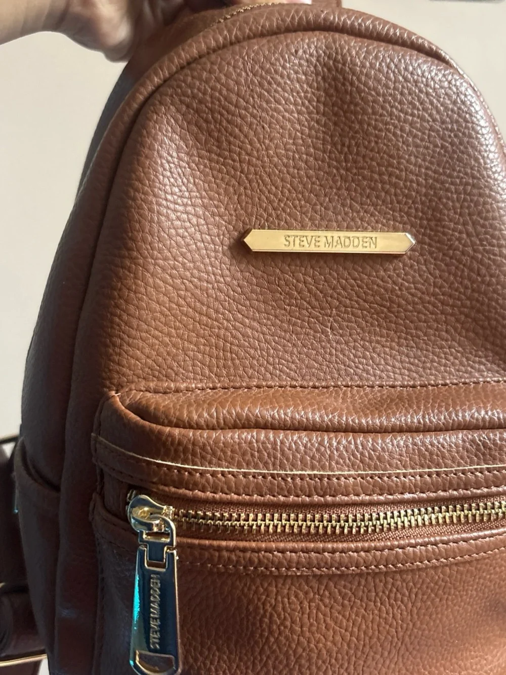 Steve Madden Cognac Pebbled Mini Backpack with Gold Hardware